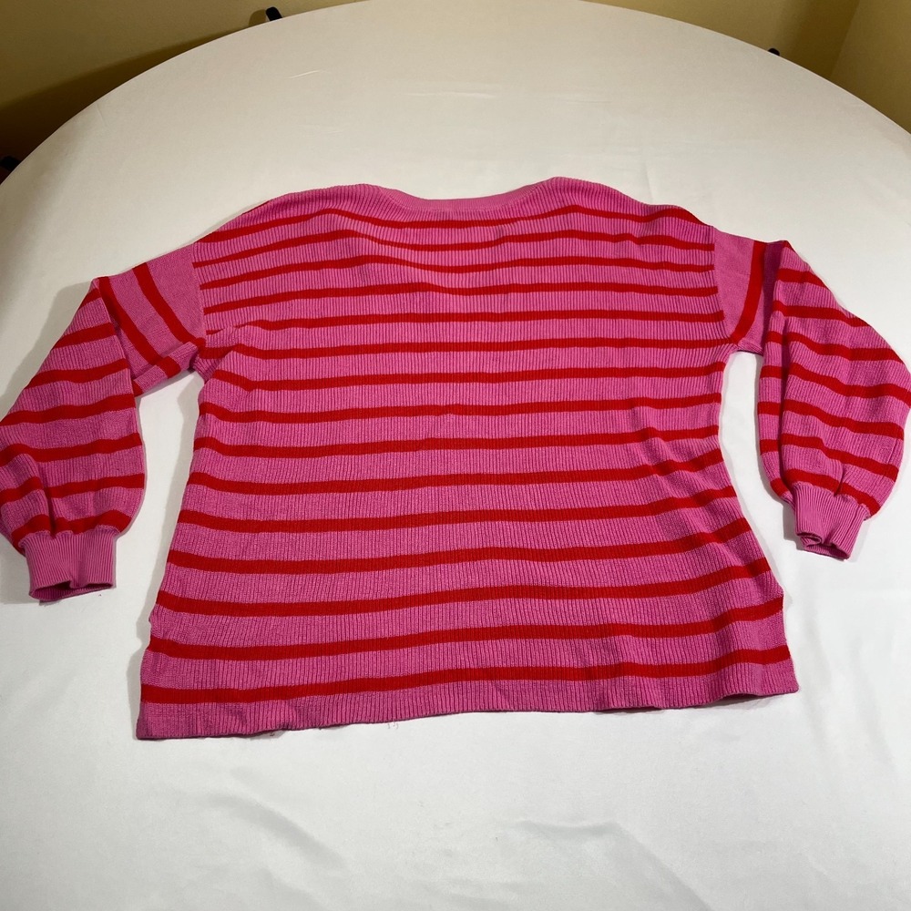Loft Sweater Womens Medium M Pink Red Striped Cotton Knit V-Neck Pullover Slouch - Picture 2 of 8